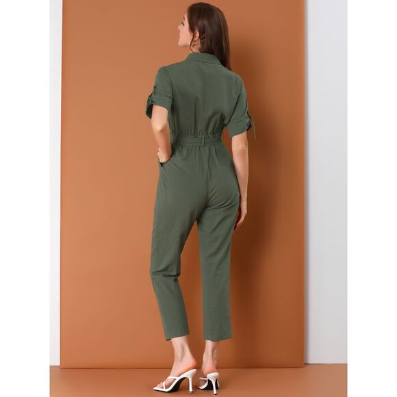 Short Sleeve Collared Cropped Button Down Tie Waist Cotton Cargo Jumpsuit Green - Picture 4 of 6